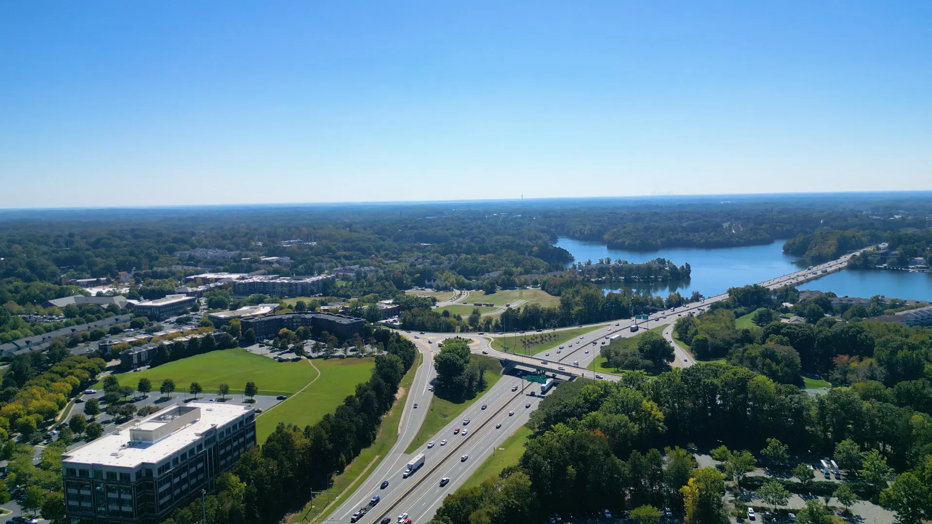 The I-77 causeway over Lake Norman with Charlotte on the horizon