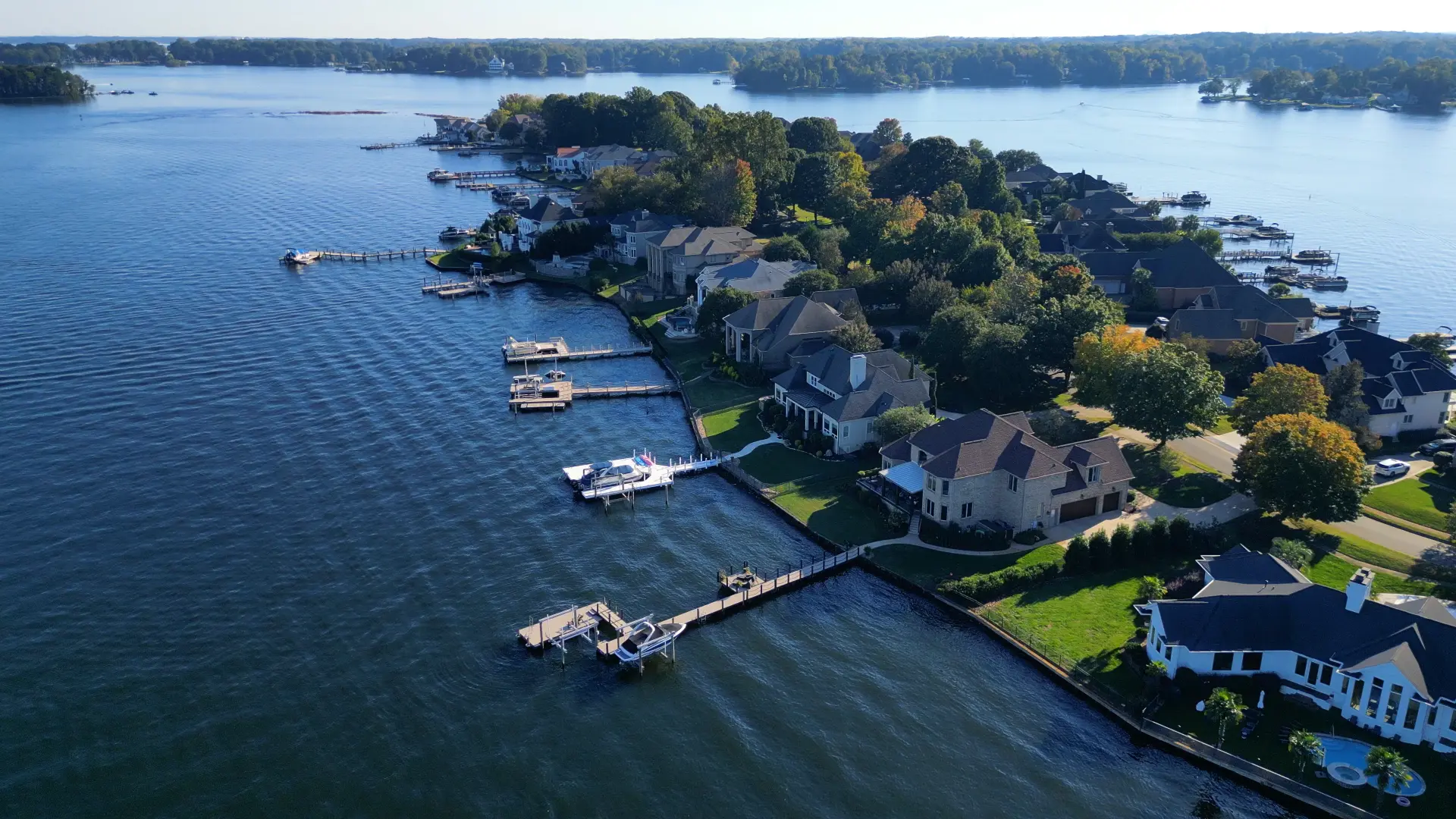 Lakefront homes and private docks along the Lake Norman shore