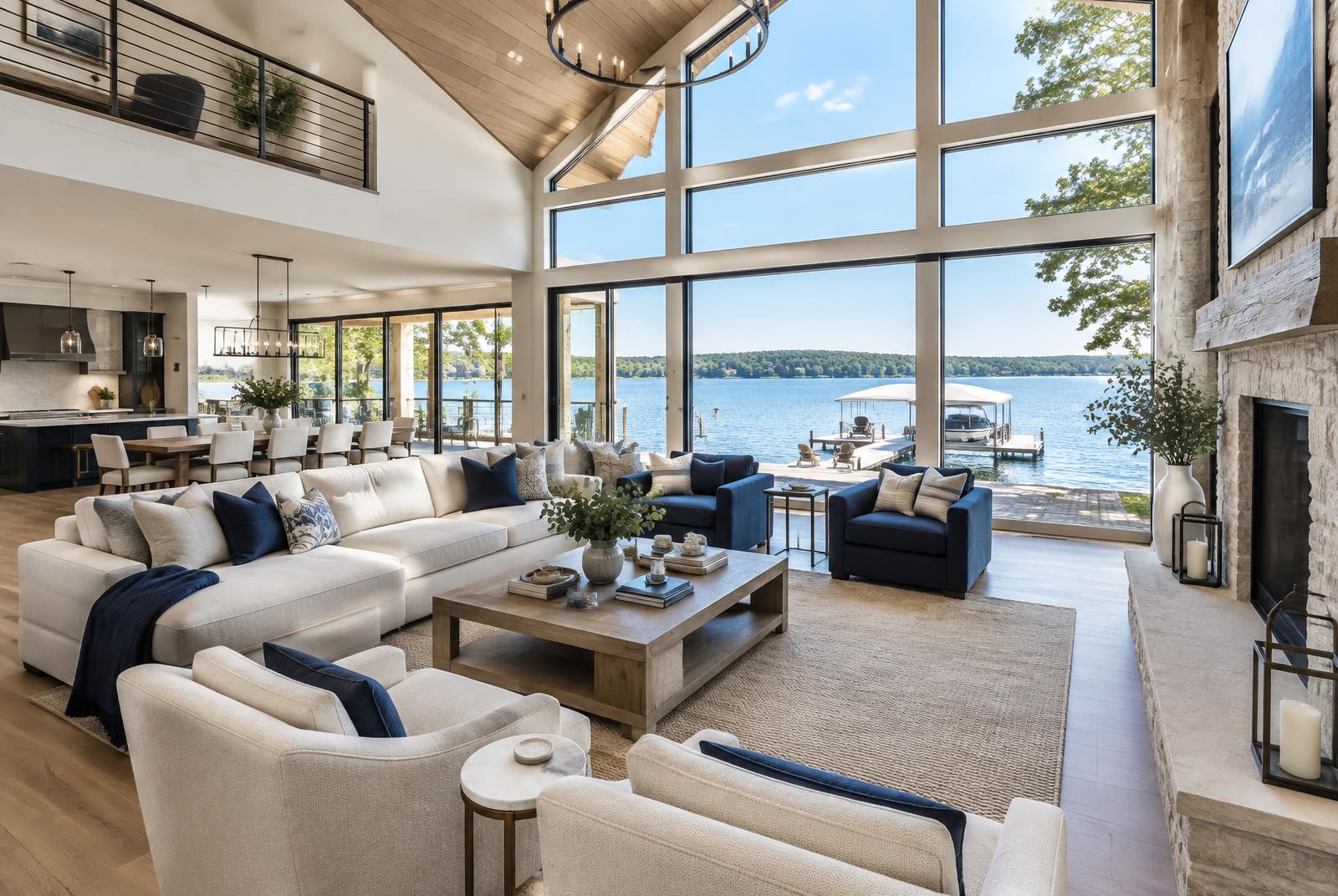 Great room with walls of glass overlooking Lake Norman