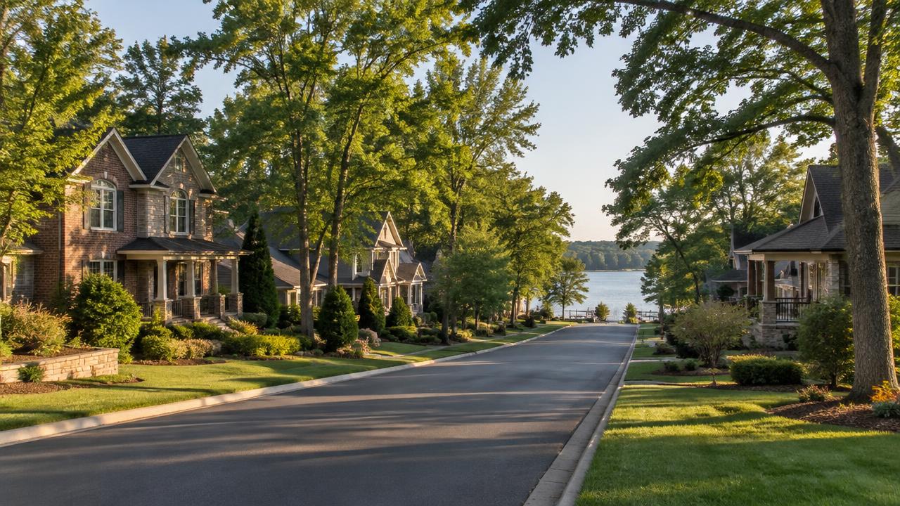 Tree-lined lakeside neighborhood street