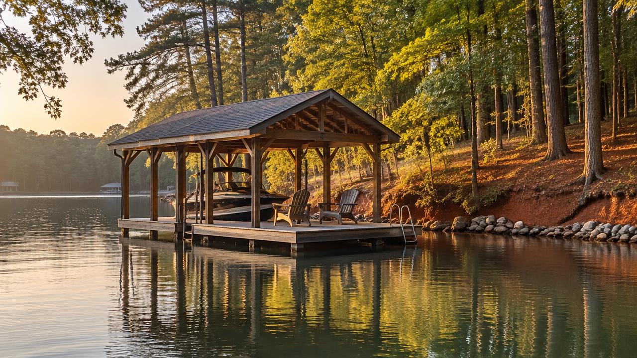 Covered dock with two chairs on a wooded Lake Norman cove