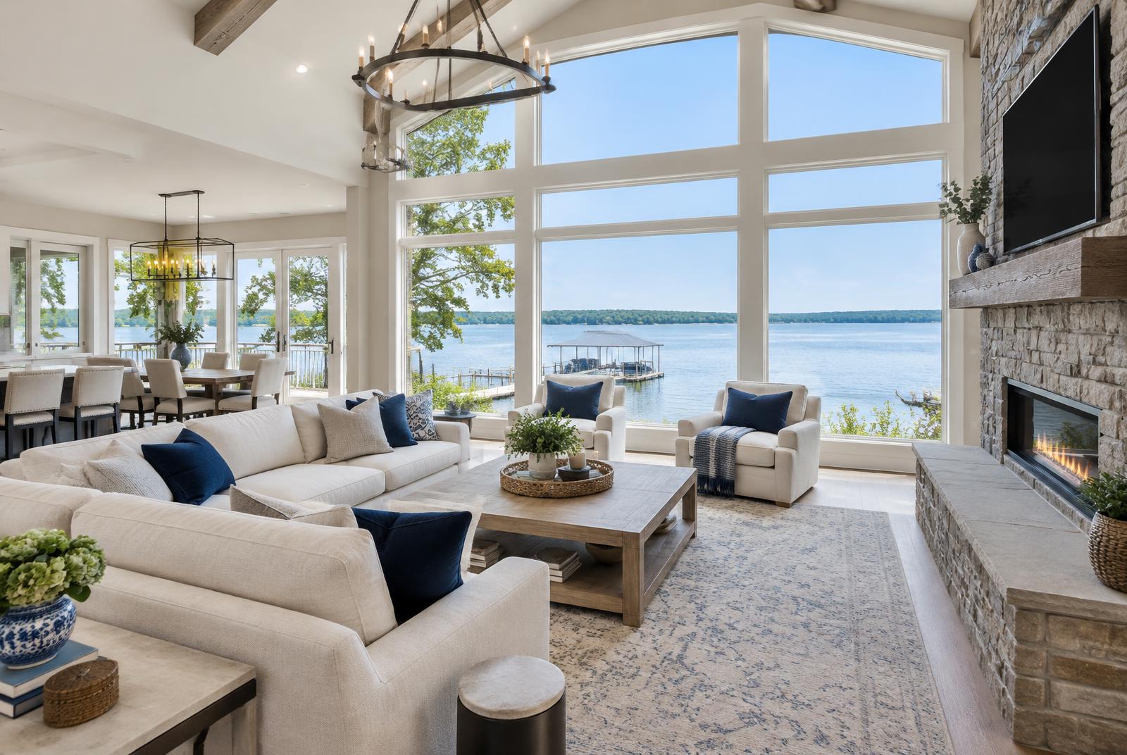 Lakefront great room with a wall of windows facing Lake Norman